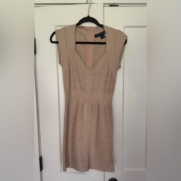 French Connection Shimmering Tan/Light Pink Mini Bandage Dress Sz 6 - Picture 1 of 5